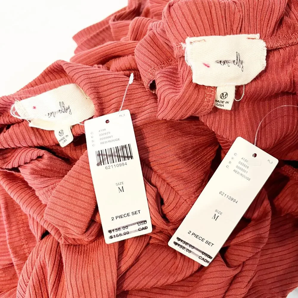 En Elly Anthropologie 2 Piece Ribbed High Neck Top & Flare Pants Red Medium - Picture 3 of 10